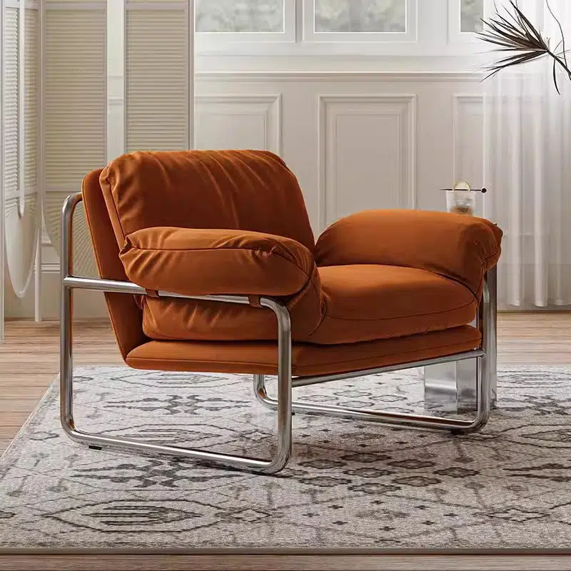 DFM-Chair-BM01404-6.jpg Contemporary Nordic Fabric & Stainless Steel Square Accent Chair With Ergonomic Comfort For Living Room & Bedroom - Image 2