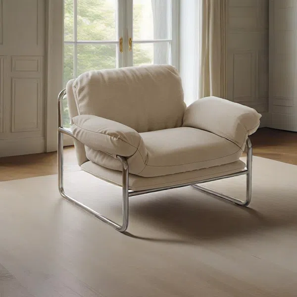 Contemporary Nordic Fabric & Stainless Steel Square Accent Chair With Ergonomic Comfort For Living Room & Bedroom - Image 3