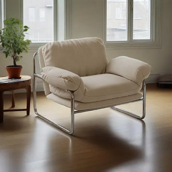 Contemporary Nordic Fabric & Stainless Steel Square Accent Chair With Ergonomic Comfort For Living Room & Bedroom - Image 7