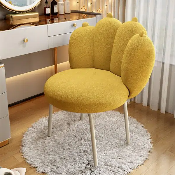 Contemporary Nordic Lambswool & Carbon Steel Cat-Paw Back Round Seat Vanity Stool For Bedroom & Living Room - Image 2