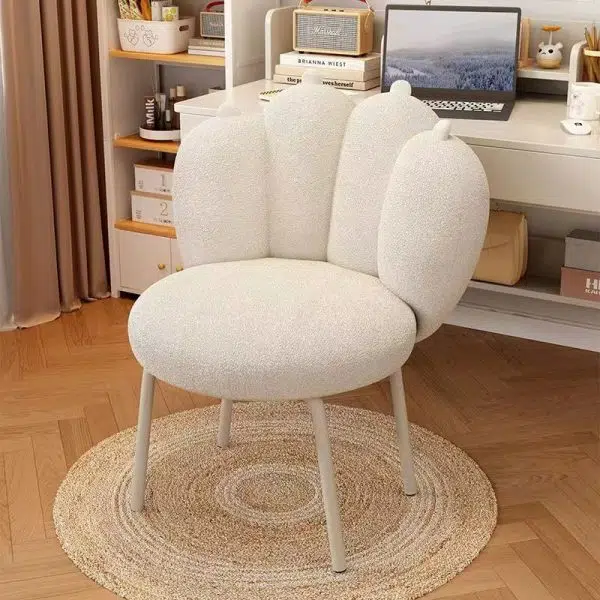 Contemporary Nordic Lambswool & Carbon Steel Cat-Paw Back Round Seat Vanity Stool For Bedroom & Living Room - Image 9