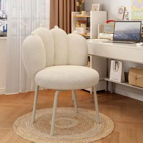 Contemporary Nordic Lambswool & Carbon Steel Cat-Paw Back Round Seat Vanity Stool For Bedroom & Living Room - Image 12