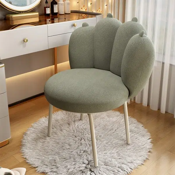 Contemporary Nordic Lambswool & Carbon Steel Cat-Paw Back Round Seat Vanity Stool For Bedroom & Living Room - Image 13