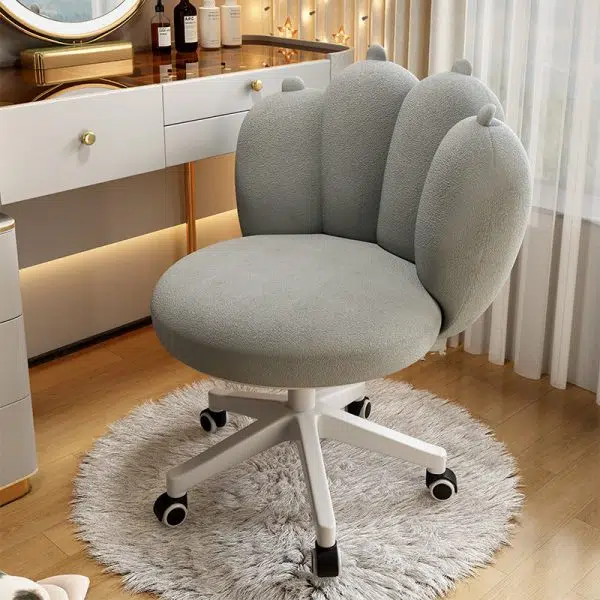 Contemporary Nordic Lambswool & Carbon Steel Cat-Paw Back Round Seat Vanity Stool With Swivel & Adjustable Height For Bedroom & Living Room - Image 6