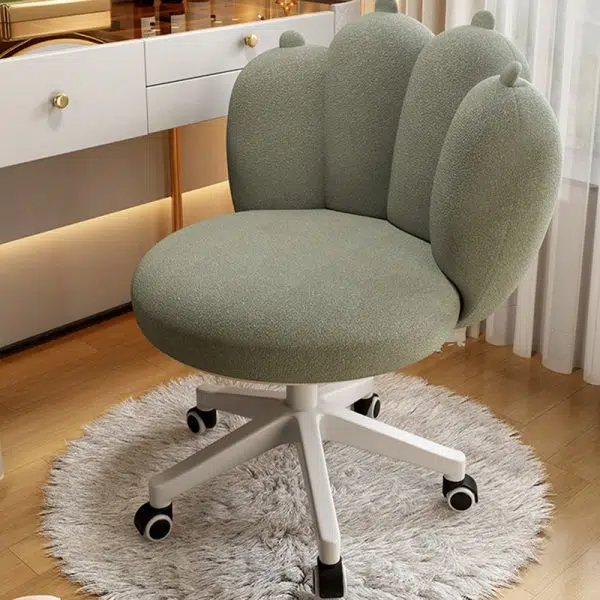 Contemporary Nordic Lambswool & Carbon Steel Cat-Paw Back Round Seat Vanity Stool With Swivel & Adjustable Height For Bedroom & Living Room - Image 2