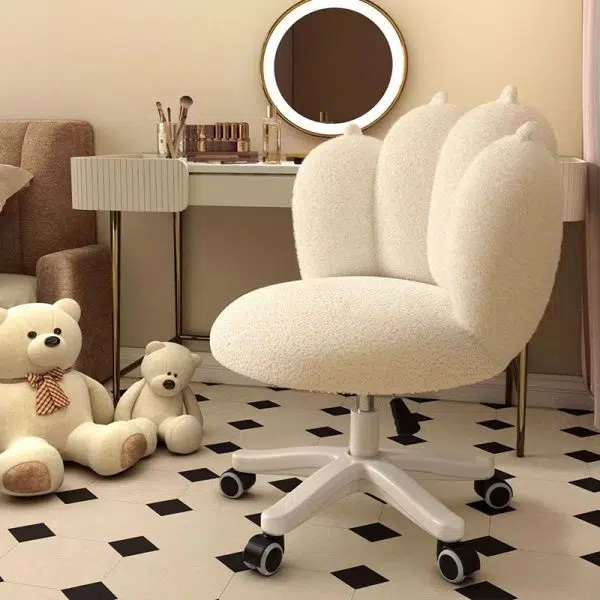 Contemporary Nordic Lambswool & Carbon Steel Cat-Paw Back Round Seat Vanity Stool With Swivel & Adjustable Height For Bedroom & Living Room - Image 9