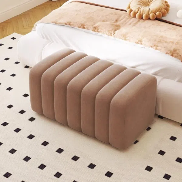 Contemporary Nordic Wood And Velvet Rectangular Bench Chair For Entryway Bedroom Living Room - Image 14