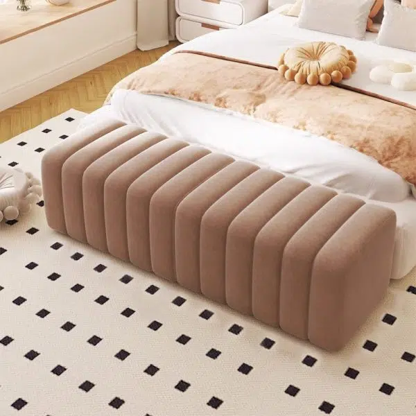 Contemporary Nordic Wood And Velvet Rectangular Bench Chair For Entryway Bedroom Living Room - Image 20