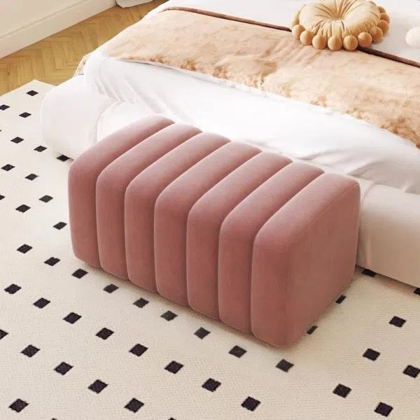 Contemporary Nordic Wood And Velvet Rectangular Bench Chair For Entryway Bedroom Living Room - Image 15