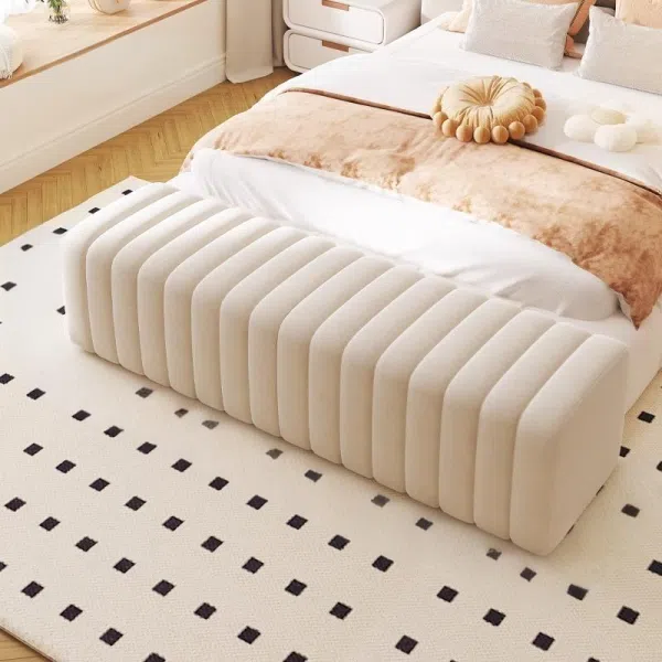 Contemporary Nordic Wood And Velvet Rectangular Bench Chair For Entryway Bedroom Living Room - Image 31