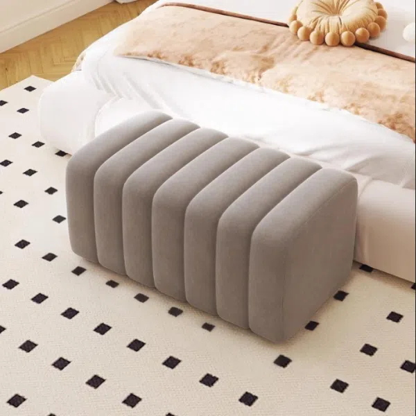 Contemporary Nordic Wood And Velvet Rectangular Bench Chair For Entryway Bedroom Living Room - Image 16