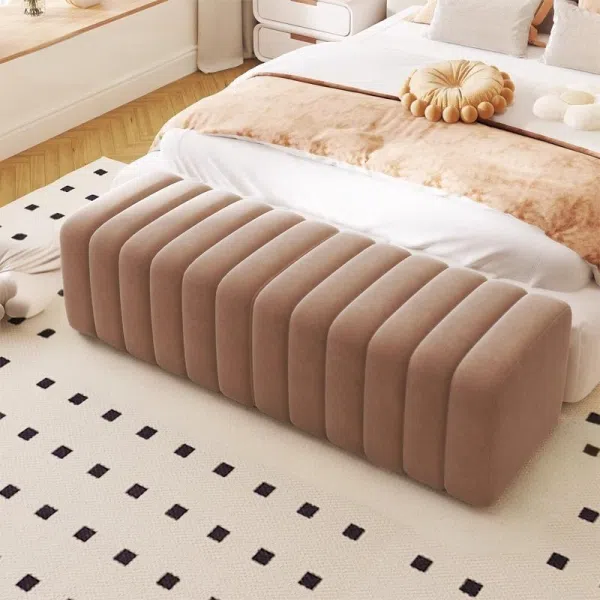 Contemporary Nordic Wood And Velvet Rectangular Bench Chair For Entryway Bedroom Living Room - Image 17