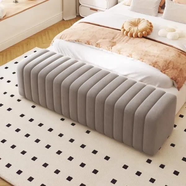 Contemporary Nordic Wood And Velvet Rectangular Bench Chair For Entryway Bedroom Living Room - Image 18