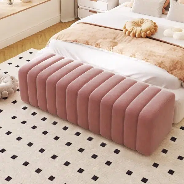 Contemporary Nordic Wood And Velvet Rectangular Bench Chair For Entryway Bedroom Living Room - Image 22