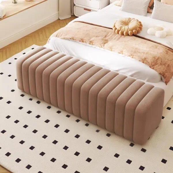 Contemporary Nordic Wood And Velvet Rectangular Bench Chair For Entryway Bedroom Living Room - Image 23