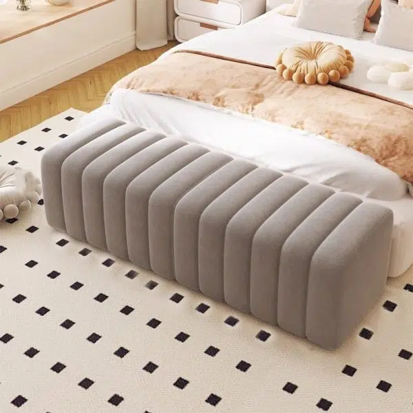 Contemporary Nordic Wood And Velvet Rectangular Bench Chair For Entryway Bedroom Living Room - Image 21