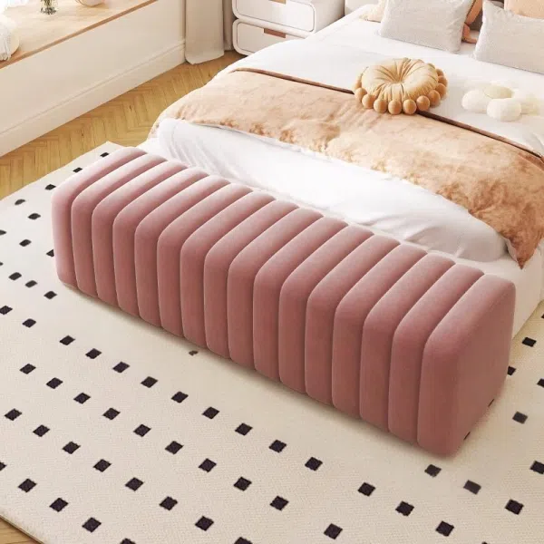 Contemporary Nordic Wood And Velvet Rectangular Bench Chair For Entryway Bedroom Living Room - Image 24