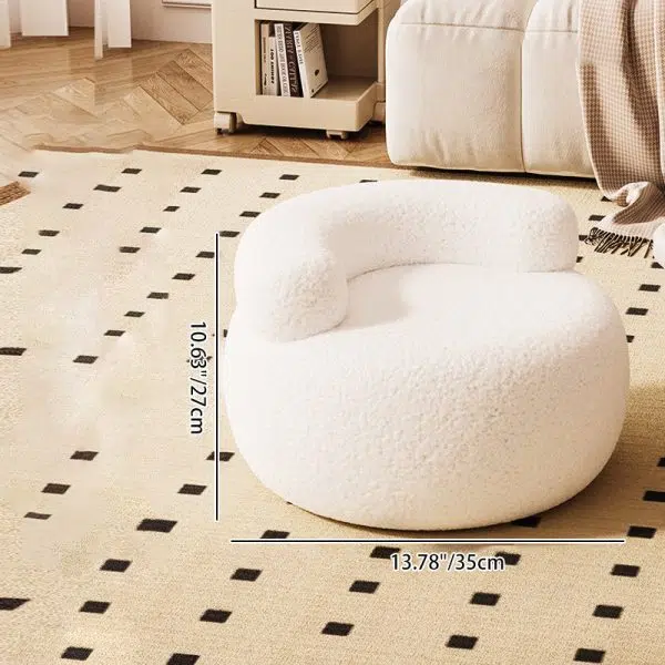 Contemporary Nordic Lambswool & Wood Round Curved Back Low Stool For Bedroom And Living Room - Image 4