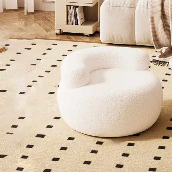 Contemporary Nordic Lambswool & Wood Round Curved Back Low Stool For Bedroom And Living Room - Image 3