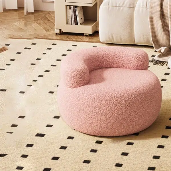 Contemporary Nordic Lambswool & Wood Round Curved Back Low Stool For Bedroom And Living Room - Image 5