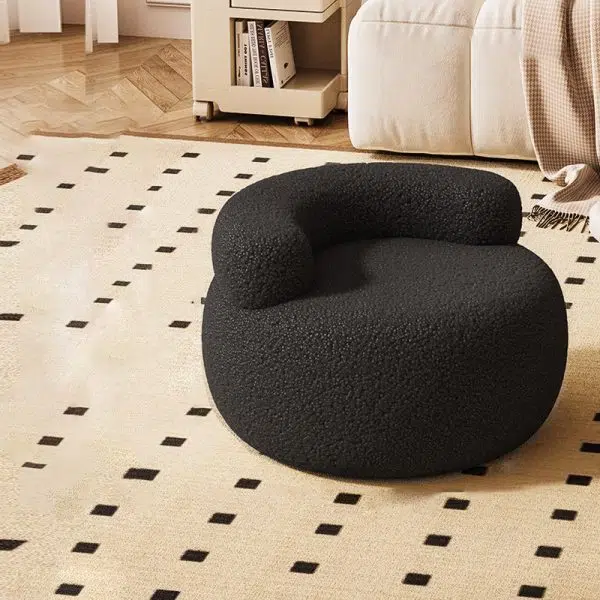 Contemporary Nordic Lambswool & Wood Round Curved Back Low Stool For Bedroom And Living Room - Image 6