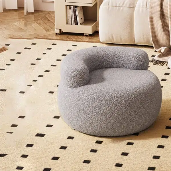 Contemporary Nordic Lambswool & Wood Round Curved Back Low Stool For Bedroom And Living Room - Image 2