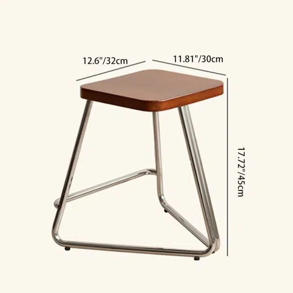Contemporary Nordic Wood & Stainless Steel Rectangular Seat Low Stool With Triangular Base For Bedroom, Living Room, Dining Room - Image 5