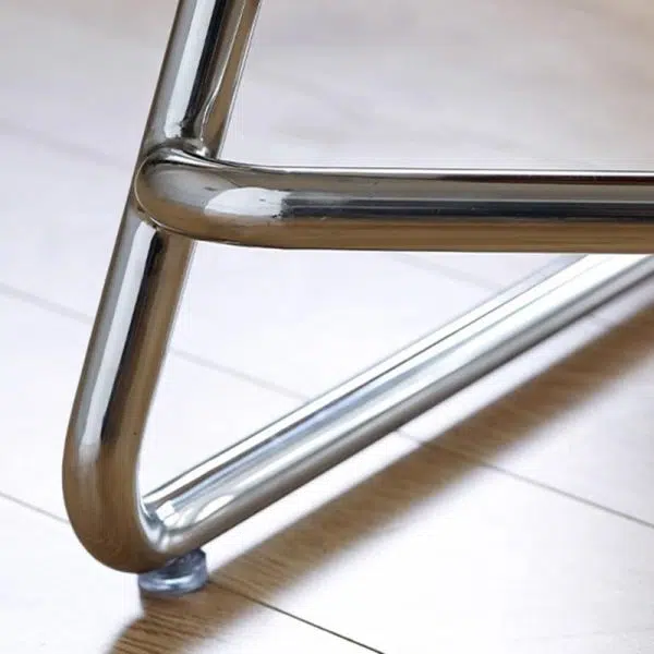 Contemporary Nordic Wood & Stainless Steel Rectangular Seat Low Stool With Triangular Base For Bedroom, Living Room, Dining Room - Image 4