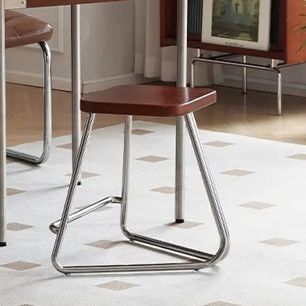 Contemporary Nordic Wood & Stainless Steel Rectangular Seat Low Stool With Triangular Base For Bedroom, Living Room, Dining Room - Image 3