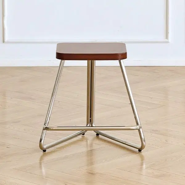 Contemporary Nordic Wood & Stainless Steel Rectangular Seat Low Stool With Triangular Base For Bedroom, Living Room, Dining Room - Image 6