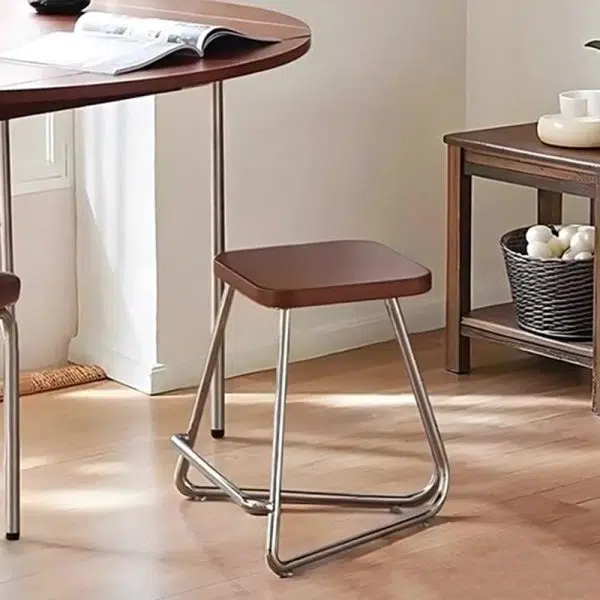 Contemporary Nordic Wood & Stainless Steel Rectangular Seat Low Stool With Triangular Base For Bedroom, Living Room, Dining Room