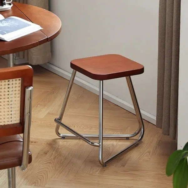 Contemporary Nordic Wood & Stainless Steel Rectangular Seat Low Stool With Triangular Base For Bedroom, Living Room, Dining Room - Image 7