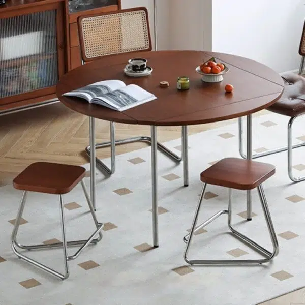 Contemporary Nordic Wood & Stainless Steel Rectangular Seat Low Stool With Triangular Base For Bedroom, Living Room, Dining Room - Image 2