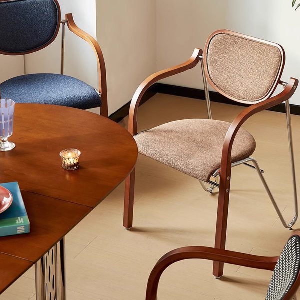 Traditional Vintage Iron Wood & Fabric Curved Dining Chair For Bedroom, Living Room And Dining Room - Image 15