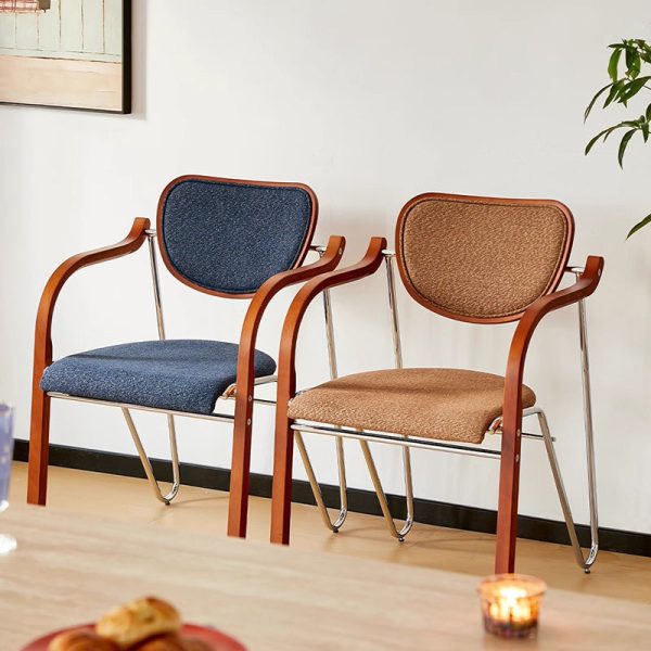 Traditional Vintage Iron Wood & Fabric Curved Dining Chair For Bedroom, Living Room And Dining Room - Image 9