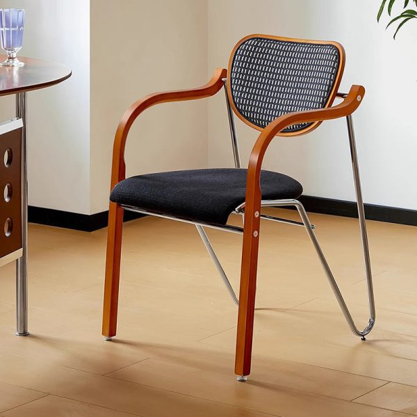 Traditional Vintage Iron Wood & Fabric Curved Dining Chair For Bedroom, Living Room And Dining Room - Image 12