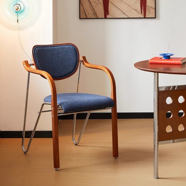 Traditional Vintage Iron Wood & Fabric Curved Dining Chair For Bedroom, Living Room And Dining Room - Image 13