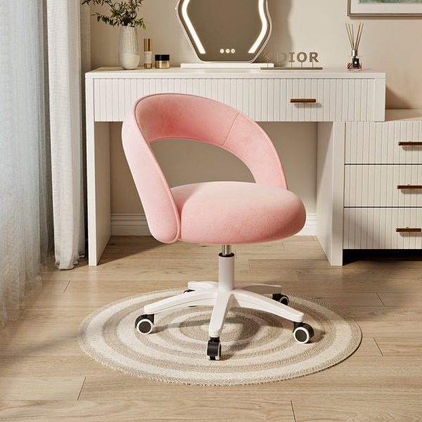 Contemporary Nordic Velvet & Nylon Curved Round Vanity Stool With Swivel & Adjustable Height For Bedroom & Living Room - Image 3