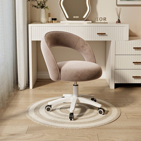 Contemporary Nordic Velvet & Nylon Curved Round Vanity Stool With Swivel & Adjustable Height For Bedroom & Living Room - Image 12