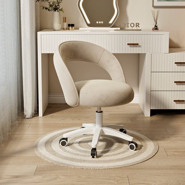 Contemporary Nordic Velvet & Nylon Curved Round Vanity Stool With Swivel & Adjustable Height For Bedroom & Living Room - Image 13