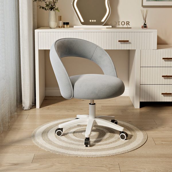 Contemporary Nordic Velvet & Nylon Curved Round Vanity Stool With Swivel & Adjustable Height For Bedroom & Living Room - Image 14