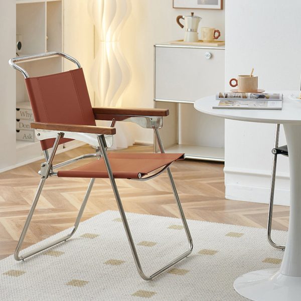 Contemporary Nordic Saddle Leather & Stainless Steel Square Dining Chair With Foldable Design For Bedroom & Living Room - Image 20