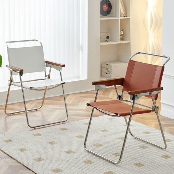 Contemporary Nordic Saddle Leather & Stainless Steel Square Dining Chair With Foldable Design For Bedroom & Living Room - Image 21