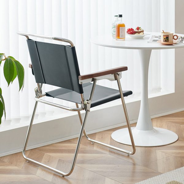 Contemporary Nordic Saddle Leather & Stainless Steel Square Dining Chair With Foldable Design For Bedroom & Living Room - Image 24
