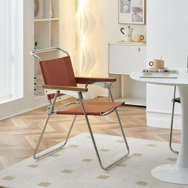 Contemporary Nordic Saddle Leather & Stainless Steel Square Dining Chair With Foldable Design For Bedroom & Living Room - Image 3