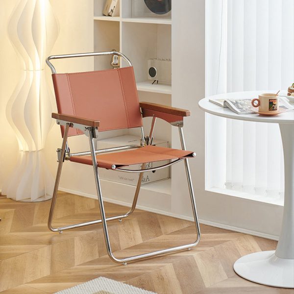 Contemporary Nordic Saddle Leather & Stainless Steel Square Dining Chair With Foldable Design For Bedroom & Living Room - Image 14