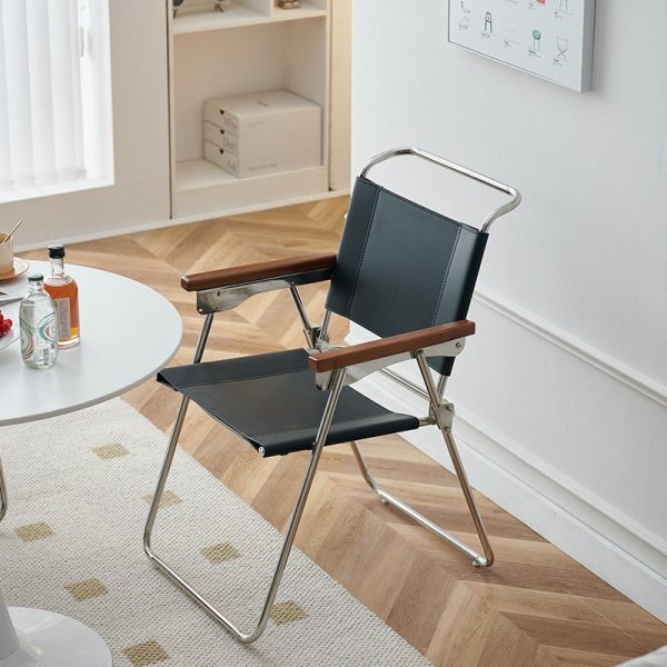 Contemporary Nordic Saddle Leather & Stainless Steel Square Dining Chair With Foldable Design For Bedroom & Living Room - Image 2