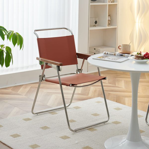 Contemporary Nordic Saddle Leather & Stainless Steel Square Dining Chair With Foldable Design For Bedroom & Living Room - Image 15