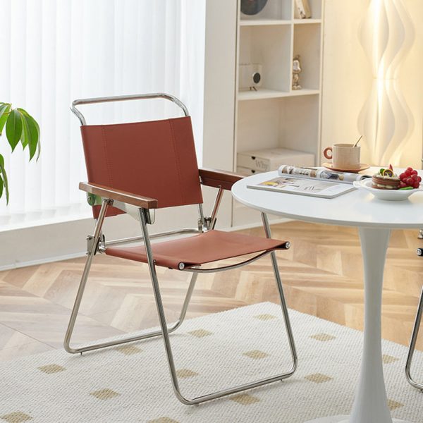 Contemporary Nordic Saddle Leather & Stainless Steel Square Dining Chair With Foldable Design For Bedroom & Living Room - Image 16