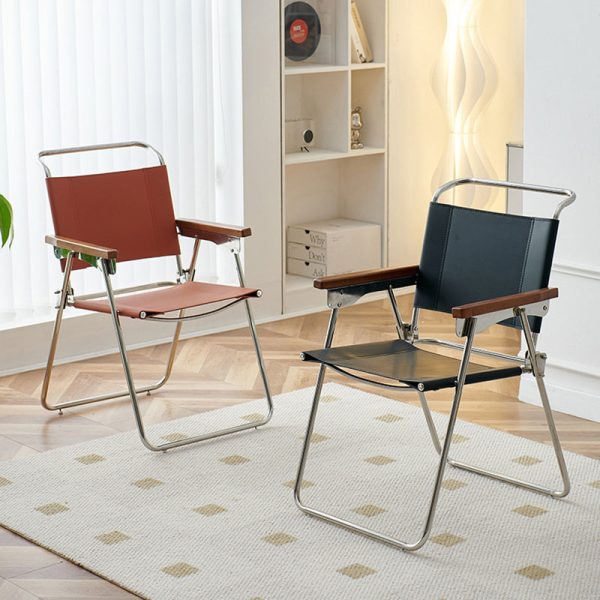Contemporary Nordic Saddle Leather & Stainless Steel Square Dining Chair With Foldable Design For Bedroom & Living Room - Image 18